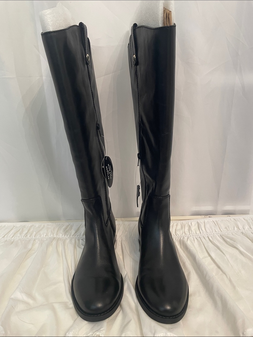 INC Black leather Riding Boots, Wide Calf, 18” Tall, 1” heel, side zip top loops - Picture 7 of 16